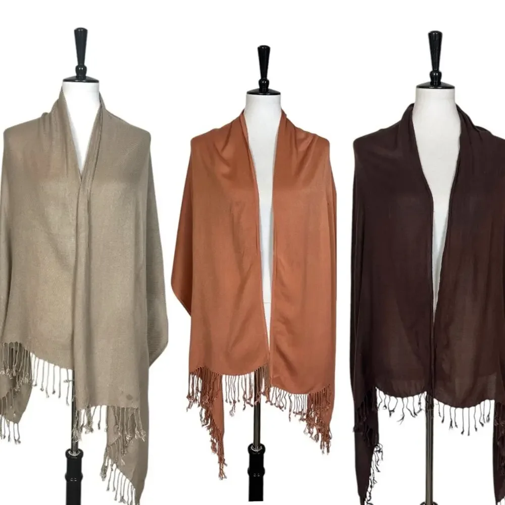 Women’s Bundle 3 Oblong Scarfs Solid Neutral Color Fringe Tan Orange Brown Tan